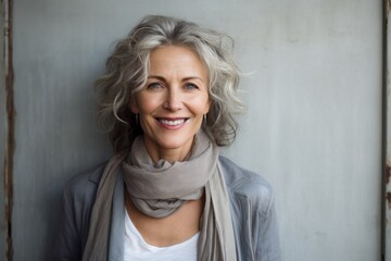 Portrait of a blissful woman in her 50s smiling at the camera isolated in bare concrete or plaster...