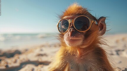 Monkey using sunglasses, sea and beach background