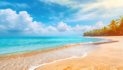 A Serene Oasis: Sandy Beach, Palm Trees, Blue Water. Generative AI