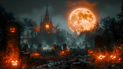 Fototapeta premium A Halloween night scene with a full moon illuminating a spooky graveyard, surrounded by eerie decorations and fog