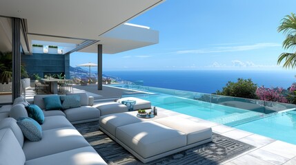 Fototapeta premium Contemporary living room with stylish glass doors leading to a spacious outdoor terrace