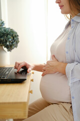 Naklejka premium Beautiful young pregnant woman working on a laptop while sitting at a table