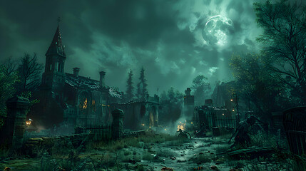 Fototapeta premium A Halloween night scene with zombies emerging from the ground, illuminated by moonlight and surrounded by eerie decorations