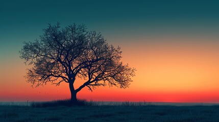 Generate a high-quality digital painting of a lonely tree in a field at sunset