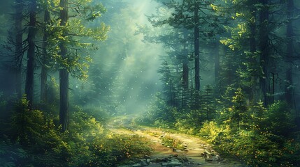 Obraz premium A beautiful painting of a lush green forest with a path leading into the distance. The sun is shining through the trees and there is a light mist in the air.