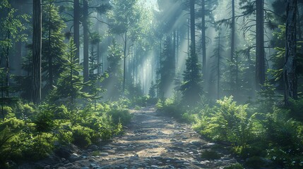 Fototapeta premium Generate a photo of a beautiful forest path with sunlight shining through the trees