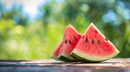 a watermelon cut into triangular blocks on the wooden table, the background is green, the sky is a blurred in background,