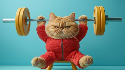 A cartoon cat is lifting a weight bar with blue background