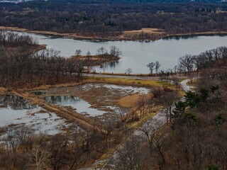 Aerial view of the marsh at Pelham Bay Park in the Bronx, New York on a cloudy day.