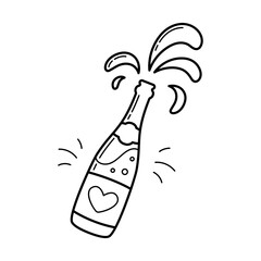 Champagne splash from bottle. Wedding item. Simple linear hand drawn doodle illustration