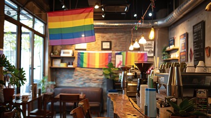 Fototapeta premium Rainbow Pride Flag in LGBTfriendly coffee shops and cafes, pride month LGBTQIA theme