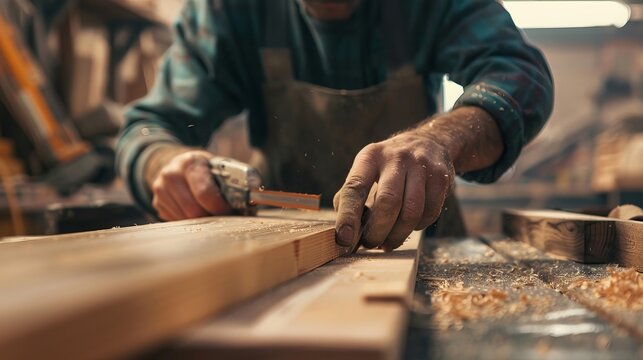 Carpenter Building a Wooden Table: In a woodworking shop, a carpenter carefully constructs a wooden table, using precision tools to ensure each joint fits perfectly 