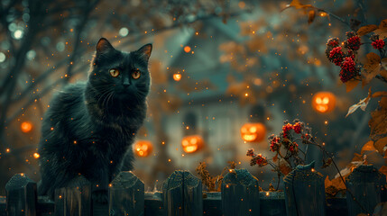 A Halloween night scene with a black cat sitting on a fence, illuminated by moonlight and surrounded by eerie decorations