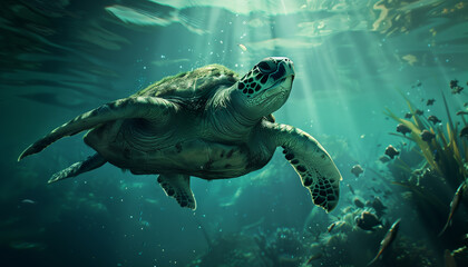 Obraz premium Green sea turtle swimming underwater - ai generative
