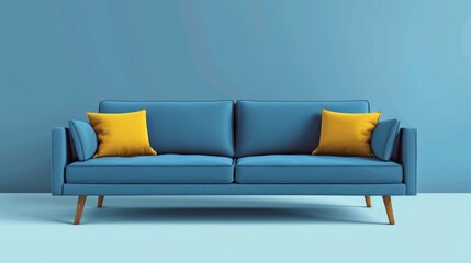 A modern blue sofa on blue background.
