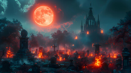 Fototapeta premium A Halloween night scene with a full moon illuminating a spooky graveyard, surrounded by eerie decorations and fog