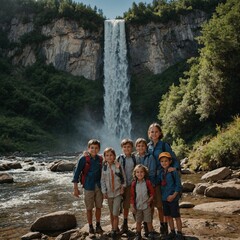 A family posing in front of a waterfall during a mountain hike.

