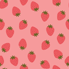 Seamless pattern with cartoon strawberry on pink background. Vector illustration.