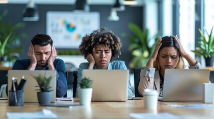 Stressed office workers sitting at desks with laptops, expressing frustration and stress in a modern workspace environment