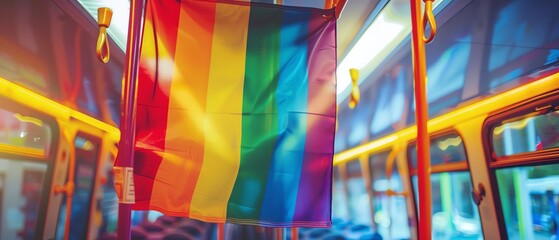 Rainbow Pride Flag in buses and public transport during Pride celebrations, pride month LGBTQIA theme