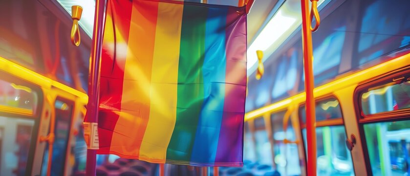 Rainbow Pride Flag in buses and public transport during Pride celebrations, pride month LGBTQIA theme