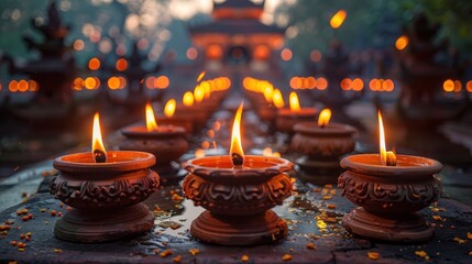 Traditional earthen lamps with flickering flames spread warmth on the eve of Diwali celebrations