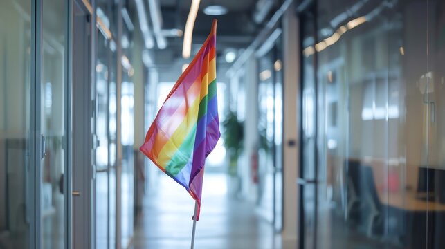 Rainbow Pride Flag in corporate offices during Pride Month, pride month LGBTQIA theme