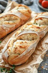 Naklejka premium Fresh baguettes on craft paper, french breakfast concept, close up of delicious traditional bread