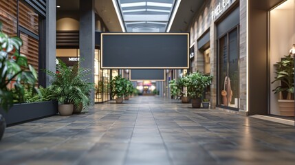A large empty shopping mall with a white sign in the middle