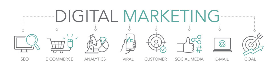 Digital marketing icon concept - thin Line icon banner two-tone