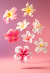 Obraz premium Various exotic flowers with floating petals on a pink background. Featuring plumeria, pink frangipani and hibiscus.
