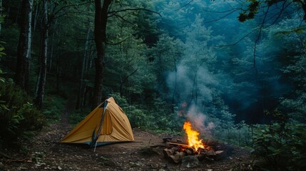 Camping hiking with tent. Mountains landscape. Nature illustration generated by AI