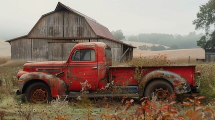 Rust red pickup truck at a rustic barn, country living,