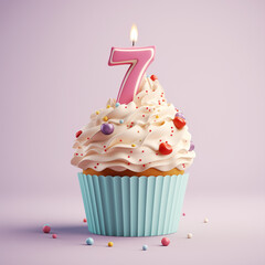 A cupcake with whipped cream and sprinkles, bearing a lit number 7 candle, symbolizes a 7th birthday celebration, on pink pastel background.