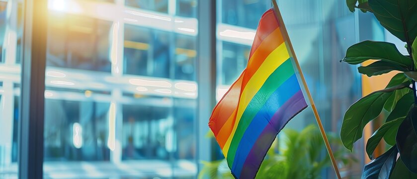 Rainbow Pride Flag in the headquarters of multinational corporations supporting LGBT rights, pride month LGBTQIA theme