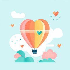 Charming illustration of a heart-shaped hot air balloon in the sky with clouds and floating hearts, symbolizing love and adventure.