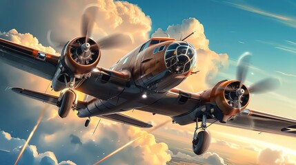 Vintage airplane soaring through a vibrant sky with dramatic clouds, capturing the essence of aviation history and adventure.