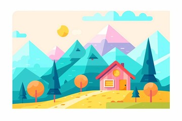 Colorful illustration of a small house in the mountains with trees, clouds, and a bright sun in the sky.