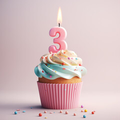 A birthday cupcake decorated with a lit numeral 3 candle on top on pink pastel background in 3d style.