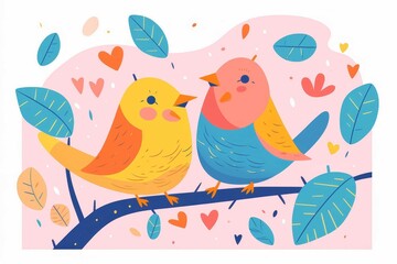 Naklejka premium Colorful birds on a branch with leaves and hearts, vibrant and playful illustration for various design purposes.