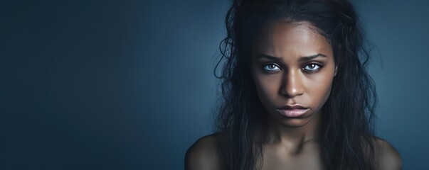Azure background sad black independant powerful Woman realistic person portrait of young beautiful bad mood expression girl Isolated on Background racism skin color depression 