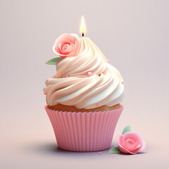 Festive elegant cupcake with a lit candle on top and pink roses on a pastel background in 3d style for Valentine's day or birthday.