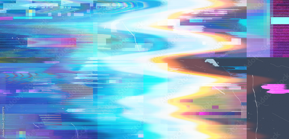Poster Vaporwave style background with datamoshing lo-fi effect and holographic pixelated glitches. Concept of bug in program or video decay.