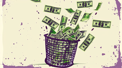 dollar bills flying out of a trash bin against a pink background. The concept symbolizes wasting money or financial loss