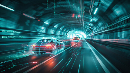 Self driving vehicles in an underground tunnel. Concept of integration of Ai technology in traffic control.