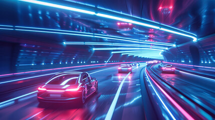 Futuristic cars in a tunnel