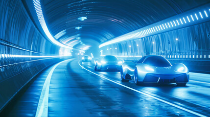 Futuristic cars in a tunnel