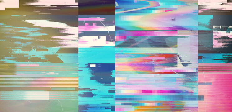 Vaporwave style background with datamoshing lo-fi effect and holographic pixelated glitches. Concept of bug in program or video decay.