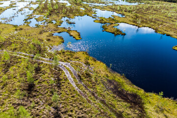 Aerial view of a picturesque peat bog with dark blue water