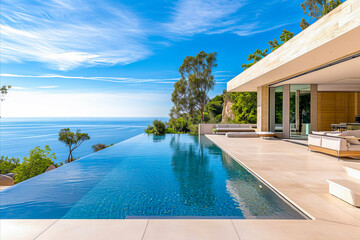 Fototapeta premium An infinity pool merges with the ocean beside a modern villa under a clear sky, surrounded by lush greenery